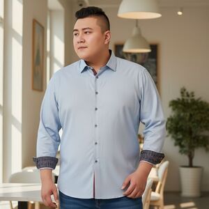 Spazio Light Blue Long Sleeve Button Front Printed Cuffs Collar 3XL